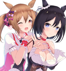  2girls absurdres animal_ears arm_around_shoulder black_hair blue_eyes blush bow breasts check_commentary cleavage collarbone commentary commentary_request detached_sleeves ear_scrunchie eishin_flash_(umamusume) eyelashes hair_between_eyes hairbow happy highres horse_ears horse_girl hug hug_from_behind large_breasts light_brown_hair multiple_girls multiple_hair_bows one_eye_closed orange_eyes pink_bow purple_bow simple_background smart_falcon_(umamusume) smile tetori_(tetolisto) umamusume v white_background 