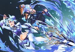  2girls :d aqua_hair blue_eyes blue_hair full_body hair_bun highres holding holding_polearm holding_sword holding_weapon ice katana midriff multiple_girls navel open_mouth polearm praxis_(xenoblade) sandals short_hair single_hair_bun smile sou_(pale_1080) spear sword theory_(xenoblade) water weapon xenoblade_chronicles_(series) xenoblade_chronicles_2 