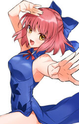  :d armpits blue_bow blue_dress blue_ribbon blush bow breasts china_dress chinese_clothes cowboy_shot dress female fighting_stance hair_ribbon hairbow half_updo highres kagetsu_tooya kohaku_(tsukihime) looking_at_viewer medium_breasts melty_blood mr._chin open_mouth orange_eyes pink_hair ribbon short_hair simple_background sleeveless smile solo thighs tsukihime wasa_(wanosabi) white_background 