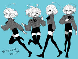  1boy absurdres ahoge androgynous black_eyes blue_background bob_cut boots brooch collage double-parted_bangs frilled_shirt frills full_body hair_between_eyes highres jewelry jumping looking_at_viewer medium_hair monochrome neckerchief oerba_yun_fang ohayousan_084 one_eye_closed open_mouth original otoko_no_ko pale_skin pointy_ears poses rose_(ohayousan_084) running shirt shorts thigh_boots vampire walking white_hair 