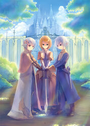  2boys acolyte_(ragnarok_online) belt black_pants blonde_hair blue_sky bob_cut brown_belt brown_capelet brown_dress brown_footwear brown_gloves brown_pants brown_shirt bush cape capelet cassock castle chest_guard cloud commentary_request crescent crescent_hair_ornament day dress feathered_wings female floral_print flower gate gauntlets gloves grass hair_flower hair_ornament head_wings long_sleeves mage_(ragnarok_online) multiple_boys norapeko outdoors own_hands_together pants planted planted_sword pointy_ears ragnarok_online rose_print shirt shoes short_hair sky standing swept_bangs sword swordsman_(ragnarok_online) tree weapon white_cape white_hair white_wings wings 