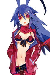  absurdres antenna_hair belt bikini bikini_top_only blue_hair breasts breasts_apart commentary_request disgaea disgaea_d2 female flame_print genderswap_(mtf) groin hair_between_eyes hands_in_pockets highres jacket laharl laharl-chan long_hair looking_at_viewer lowleg makai_senki_disgaea miyakawa106 navel oerba_yun_fang open_mouth pointy_ears red_bikini red_eyes red_jacket rule_63 scarf solo swimsuit 