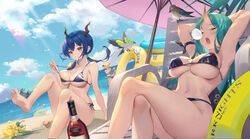  3girls :d absurdres aqua_hair arknights armband arms_behind_head bare_shoulders barefoot beach bikini bikini_pull bird black_bikini blonde_hair blue_bikini blue_hair blush breasts ch&#039;en_(arknights) chair cleavage closed_eyes clothes_pull cloud commentary_request crab crossed_legs double_bun dragon_horns feet feet_up gummy_(arknights) hair_bun highres holding horns hoshiguma_(arknights) inflatable_shark inflatable_toy innertube large_breasts long_hair looking_at_animal lounge_chair multiple_girls nose_bubble ocean open_mouth orange_eyes outdoors red_eyes short_hair single_horn sitting sleeping smile soles somna swim_ring swimsuit teeth toes twintails 