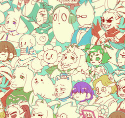  alphys annoying_dog aqua_background asgore_dreemurr asriel_dreemurr burgerpants canine chara_(undertale) everyone eyepatch flowey_(undertale) frisk_(undertale) furry furry_male ghost glasses grillby headphones mettaton mettaton_ex mettaton_neo monster monster_girl muffet napstablook open_mouth papyrus_(undertale) photoshop_flowey robot shirt simple_background smile standing teeth tenya_mizuki undertale undyne undyne_the_undying white_shirt 