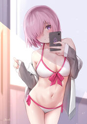  absurdres bee_doushi bikini blush breasts cellphone cleavage fate/grand_order fate_(series) female hair_over_one_eye highres jacket large_breasts light_purple_hair long_sleeves looking_at_viewer mash_kyrielight mash_kyrielight_(swimsuit_of_perpetual_summer) md5_mismatch navel official_alternate_costume phone purple_eyes selfie short_hair smile swimsuit white_bikini 