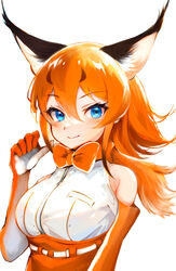  animal_ear_fluff animal_ears black_hair blue_eyes blush bow bowtie caracal_(kemono_friends) elbow_gloves extra_ears female gloves highres jack4l kemono_friends long_hair looking_at_viewer multicolored_hair orange_hair shirt skirt sleeveless sleeveless_shirt smile solo 