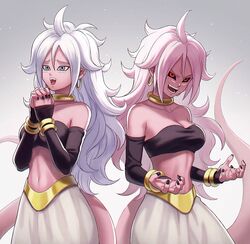  2girls android_21 black_gloves black_nails black_sclera blue_eyes bracelet breasts cleavage collarbone colored_sclera colored_skin commentary_request crop_top dragon_ball dragon_ball_fighterz dual_persona ear_piercing earrings elbow_gloves evil_smile facing_viewer fingernails frown furrowed_brow gloves grey_background hands_up highres hoop_earrings jewelry light_particles long_hair looking_afar majin_android_21 medium_breasts midriff multiple_girls navel open_mouth own_hands_clasped own_hands_together pants piercing pink_skin red_eyes shaded_face side-by-side simple_background smile spiked_hair standing strapless tail teeth tube_top upper_body upper_teeth_only white_hair white_pants yuko666 