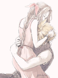  1boy aerith_gainsborough ancotsubu arms_around_waist belt blonde_hair blue_pants blue_shirt bracelet braid braided_ponytail brown_hair closed_eyes cloud_strife couple dress female final_fantasy final_fantasy_vii final_fantasy_vii_remake hair_ribbon hand_in_another&#039;s_hair jacket jewelry long_dress multiple_belts pants parted_bangs pink_dress ribbon shirt sleeveless sleeveless_turtleneck spiked_hair straight turtleneck unworn_armor unworn_jacket upper_body wavy_hair white_background 