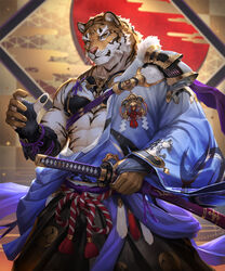  1boy armor bara chest_harness chinese_new_year chinese_zodiac cowboy_shot egasumi fur_trim furry furry_male harness highres holding holding_sword holding_weapon japanese_armor katana kazashino_miyabi kojitsunagi_(pattern) looking_at_viewer male_focus medallion muscular muscular_male new_year original pectorals sakuramon signature solo sun_symbol sword tiger_boy traditional_clothes twitter_username weapon year_of_the_tiger 