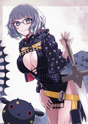  absurdres baphomet_(fate) belt black_dress black_jacket blue_eyes breasts cleavage cropped_jacket dress fate/grand_order fate_(series) female glasses grey_hair highres hood hooded_jacket jacket jacques_de_molay_(foreigner)_(fate) jacques_de_molay_(foreigner)_(second_ascension)_(fate) kotou_mai lamb large_breasts long_sleeves looking_at_viewer open_clothes open_jacket sheep short_dress short_hair smile sword thighs weapon 