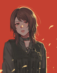  black_jacket blurry brown_hair bulletproof_vest choker collar commentary expressionless falling_leaves female green_eyes jacket leaf long_sleeves looking_at_viewer medium_hair messy_hair metal_gear_(series) metal_gear_solid_v:_the_phantom_pain noriuma official_alternate_costume parted_lips petals quiet_(metal_gear) red_background sidelighting sideways_glance solo tactical_clothes upper_body vest 