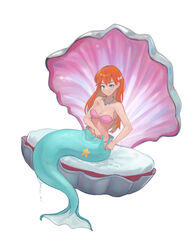  absurdres alternate_hairstyle bikini bikini_top_only bikini_under_clothes blue_eyes blush breasts clam cleavage closed_mouth double-parted_bangs drelouder dripping female fins from_side hair_down hair_ornament highres jewelry kasumi_(pokemon) long_hair looking_at_viewer medium_breasts mermaid mermaid_costume mermaid_misty_(pokemon) monster_girl necklace official_alternate_costume orange_hair pearl_hair_ornament pink_bikini pokemon pokemon_(anime) pokemon_(classic_anime) shell shell_necklace simple_background sitting smile solo star_(symbol) strapless strapless_bikini swimsuit unzipped unzipping wet white_background zipper 