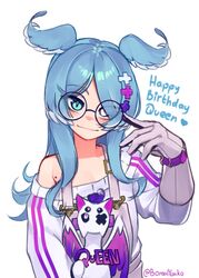  blue_hair closed_mouth commentary elira_pendora elira_pendora_(1st_costume) english_commentary female glasses gloves hair_ornament hand_up happy_birthday head_wings heart heterochromia highres long_hair looking_at_viewer mole mole_on_armpit nijisanji nijisanji_en off_shoulder pikl_(elira_pendora) round_eyewear simple_background smile solo sweater twitter_username upper_body virtual_youtuber white_background white_sweater wings yoako 