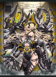  blonde_hair breasts cable canister censer cleavage_cutout clothing_cutout commentary_request cyberpunk cyborg detached_sleeves extra_arms female gia green_eyes heterochromia highleg highleg_leotard highres incense_burner leotard long_hair looking_at_viewer mecha_musume medium_breasts mole mole_on_breast original ruins science_fiction sleeveless_turtleneck_leotard solo teeth tube wide_sleeves yellow_eyes 