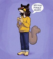  2023 ambiguous_gender anthro barefoot beverage bottomwear clothed clothing container cup dasyuromorph disposable_cup drinking_straw english_text feet fur grimace_shake had_my_way hadmyway_(fursona) hair happy hi_res mammal marsupial mcdonald&#039;s meme multicolored_body multicolored_fur nonbinary_(lore) numbat open_mouth pants paws pose shake short_hair simple_background solo speech_bubble sweater text topwear yellow_sclera 