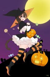  absurdres ass black_eyes black_footwear bloomers braid breasts brown_hair candy cat_(nyanko_daisensou) cat_tail cow_coconut doggy_(nyanko_daisensou) female food halloween halloween_costume hat highres jack-o&#039;-lantern lollipop mansion minya_(nyanko_daisensou) moon nyanko_daisensou striped_clothes striped_thighhighs tail thighhighs tombstone trick-or-treating underwear witch_hat 