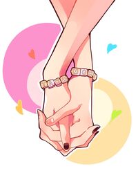  2girls amlichan bracelet commentary english_commentary heart highres holding_hands hololive hololive_english interlocked_fingers jewelry mori_calliope multiple_girls nail_polish simple_background takanashi_kiara virtual_youtuber yuri 