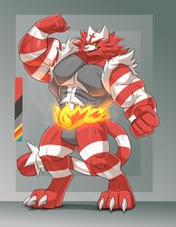  abs anthro arm_tuft biceps big_biceps big_muscles biped claws fangs featureless_crotch felid feline fire fire_belt flexing flexing_bicep flexing_biceps flexing_muscles fur generation_7_pokemon green_eyes grey_background hair head_tuft hi_res incineroar male mammal multicolored_body multicolored_fur muscular muscular_arms muscular_legs nintendo palette pantherine pecs pokemon pokemon_(species) pokemorph pose serratus sharp_teeth shiny_pokemon shoulder_hair shoulder_tuft simple_background smile smirk solo striped_body stripes tail tail_tuft teeth tuft valentinesartx yellow_sclera 