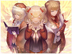  3girls ^_^ absurdres animal_ears arknights bear_ears beret bielin black_choker black_dress black_footwear black_jacket black_sailor_collar black_skirt blonde_hair blue_eyes blue_hair book brown_cape brown_hair brown_headwear candy_hair_ornament cape choker closed_eyes commentary double_v dress food-themed_hair_ornament fur-trimmed_jacket fur_trim gummy_(arknights) hair_between_eyes hair_ornament hands_up hat highres holding holding_book istina_(arknights) jacket long_hair long_sleeves monocle multicolored_background multicolored_hair multiple_girls neckerchief open_clothes open_jacket open_mouth pantyhose pleated_skirt reading red_hair sailor_collar sailor_dress shirt short_dress short_hair skirt star_(symbol) star_hair_ornament streaked_hair v white_neckerchief white_sailor_collar white_shirt zima_(arknights) 