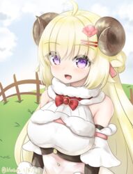  :d absurdres ahoge animal_ears bare_shoulders blonde_hair blush braid breasts curled_horns dated detached_sleeves elbow_gloves female fence french_braid fur_collar gloves grass hair_ornament hairclip hairpin half_updo highres hololive horns klaius large_breasts long_hair looking_at_viewer open_mouth purple_eyes sheep_ears sheep_girl sheep_horns short_sleeves smile solo tsunomaki_watame tsunomaki_watame_(1st_costume) twitter_username upper_body very_long_hair virtual_youtuber wooden_fence 