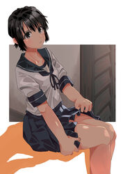  absurdres black_hair black_neckerchief blue_sailor_collar blue_skirt brown_eyes female haida_katsuretsu highres kantai_collection looking_at_viewer miyuki_(kancolle) neckerchief pleated_skirt sailor_collar school_uniform serafuku short_hair sitting skirt solo 