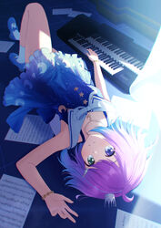  absurdres bad_id bad_pixiv_id blue_dress bracelet candy_hair_ornament closed_mouth crescent crescent_necklace crescent_print crown dress female food-themed_hair_ornament green_eyes hair_ornament hairclip heterochromia highres himemori_luna himemori_luna_(sundress) hololive instrument iruto jewelry keyboard_(instrument) knee_up looking_at_viewer lying medium_hair mini_crown necklace off_shoulder official_alternate_costume official_alternate_hair_length official_alternate_hairstyle on_back on_floor print_dress purple_eyes sailor_collar sailor_dress shoes sleeveless smile socks solo starry_sky_print tilted_headwear upside-down virtual_youtuber white_sailor_collar white_socks 