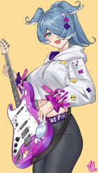  absurdres bass_guitar black_pants blue_eyes blue_hair blush breasts cropped_hoodie elira_pendora emoji fangs female from_side guitar hair_over_one_eye head_wings highres holding holding_instrument hood hoodie instrument large_breasts logo nijisanji nijisanji_en nillith one_eye_covered open_mouth pants pikl_(elira_pendora) pleading_face_emoji ponytail smile solo sticker virtual_youtuber white_hoodie wings yellow_background yoga_pants 