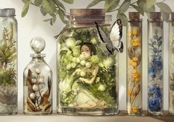  bottle braid brown_eyes brown_hair bug butterfly closed_mouth commentary cork dress english_commentary female flower herbarium highres in_bottle in_container original plant rope yoshioka_(haco) 