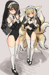  2girls absurdres alternate_costume animal_ears arknights bare_shoulders black_footwear black_leotard blue_hairband blush braid breasts brown_hair cleavage closed_mouth commentary_request covered_navel detached_sleeves fox_ears fox_girl fox_tail full_body green_eyes habit hairband highres interlocked_fingers leotard light_brown_hair long_sleeves looking_at_viewer magallan_(arknights) material_growth multiple_girls multiple_tails nun oripathy_lesion_(arknights) own_hands_clasped own_hands_together parted_lips shoes sigm@ simple_background small_breasts standing suzuran_(arknights) tail thighhighs white_thighhighs yellow_eyes 