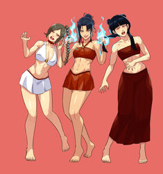  3girls abs absurdres avatar:_the_last_airbender avatar_legends azula bags_under_eyes bandeau bare_legs bare_shoulders barefoot bikini bikini_skirt bikini_top_only black_hair blue_fire braid braided_ponytail breasts brown_hair bullying choker cirenk cleavage collarbone commentary commission double_bun element_bending english_commentary evil_smile fire flaming_hand flat_chest full_body grabbing_another&#039;s_hair hair_bun halterneck highres large_breasts long_braid long_skirt looking_at_viewer mai_(avatar) medium_breasts messy_hair miniskirt multiple_girls navel open_mouth photoshop_(medium) pink_background pyrokinesis red_bandeau red_bikini red_choker red_skirt shiny_skin single_braid single_hair_bun skirt small_breasts smile standing stomach strapless swimsuit toes toned tube_top twintails ty_lee white_bikini white_skirt yellow_eyes 