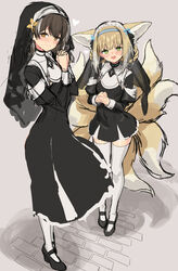  2girls absurdres alternate_costume animal_ears arknights black_dress black_footwear blue_hairband blush braid brown_hair closed_mouth commentary_request covered_navel detached_sleeves dress fox_ears fox_girl fox_tail full_body green_eyes habit hairband heart highres interlocked_fingers light_brown_hair long_sleeves looking_at_viewer magallan_(arknights) multiple_girls multiple_tails nun open_mouth own_hands_clasped own_hands_together pantyhose shoes sigm@ simple_background smile standing suzuran_(arknights) tail thighhighs white_pantyhose white_thighhighs yellow_eyes 