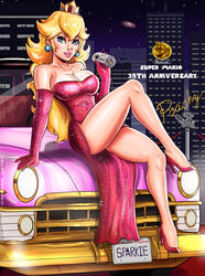  absurdres anniversary arm_support artist_name bare_shoulders blonde_hair blue_eyes breasts cape_feather_(mario) car character_signature cleavage commentary company_logo company_name controller crossed_legs crown dress earrings elbow_gloves english_commentary english_text female fire_flower full_body game_controller gamepad gloves high_heels highres holding holding_controller holding_game_controller jewelry large_breasts legs lipstick logo long_hair looking_at_viewer makeup mario_(series) motor_vehicle night outdoors parted_lips pink_lips princess princess_peach seductive_smile sitting smile solo sparkietheartist sphere_earrings star_(sky) super_famicom_gamepad super_leaf super_mario_all-stars thick_thighs thighs watermark 