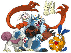  4:3 ambiguous_gender anthro bandai_namco blue_body blue_fur claws clothing digimon digimon_(species) dogmon feral fur gaogamon gloves group handwear labramon orange_body orange_fur portugueselynx quadruped salamon sharp_teeth simple_background teeth tongue toony white_background white_body white_fur 