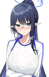  alternate_costume alternate_hairstyle arm_under_breasts black_hair blue_archive blue_eyeliner blue_eyes breasts closed_mouth eyeliner female halo highres jacket large_breasts light_blush long_hair long_sleeves looking_at_viewer makeup open_clothes open_jacket pointy_ears ponytail rimless_eyewear rin_(blue_archive) shirt simple_background solo sweat tennen_inari upper_body white_background white_jacket white_shirt 