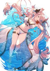  absurdres ayacho bare_shoulders bikini blue_eyes braid breasts commentary commission demon_horns draph female granblue_fantasy hair_ornament hair_over_one_eye highres horns large_breasts light_purple_hair long_hair looking_at_viewer low_tied_hair narmaya_(granblue_fantasy) narmaya_(summer)_(granblue_fantasy) official_alternate_costume partially_submerged pink_hair pointy_ears purple_hair simple_background single_braid skeb_commission submerged swimming swimsuit thigh_strap thighs white_bikini 