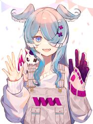  anatom_orange bad_id bad_pixiv_id blue_eyes blue_hair commentary confetti dragon elira_pendora elira_pendora_(1st_costume) fangs female gloves grey_gloves grey_overalls grey_sweater hair_ornament hair_over_one_eye hands_up head_wings highres long_hair long_sleeves looking_at_viewer mole multicolored_hair nijisanji nijisanji_en one_eye_covered open_mouth overalls pikl_(elira_pendora) simple_background single_glove sleeves_past_wrists slit_pupils smile solo string_of_flags sweater symbol-only_commentary two-tone_hair upper_body virtual_youtuber white_background white_hair wings x_hair_ornament 