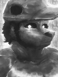  3:4 abstract_background anthro bear clothing hasukii hat headgear headwear hi_res kemono looking_at_viewer male mammal mason_(mason) monochrome muscular muscular_anthro muscular_male portrait solo white_eyes 