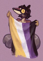  2023 ambiguous_gender anthro dasyuromorph flag flag_(object) had_my_way hadmyway_(fursona) hair happy holding_flag holding_object lgbt_pride looking_at_viewer mammal marsupial nonbinary_(lore) nonbinary_pride_colors numbat open_mouth pride_color_flag pride_colors short_hair simple_background solo yellow_sclera 