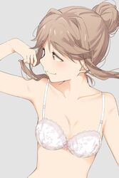  arm_up bad_id bad_twitter_id bare_shoulders bow bow_bra bra breasts brown_eyes cleavage closed_mouth collarbone commentary female floral_print grey_background hair_bun highres hiroki_(yyqw7151) holding holding_own_hair idolmaster idolmaster_million_live! light_blush light_brown_hair long_hair looking_away looking_to_the_side medium_breasts pink_bow print_bra sidelocks simple_background single_hair_bun smile solo tenkubashi_tomoka underwear underwear_only upper_body white_bra 