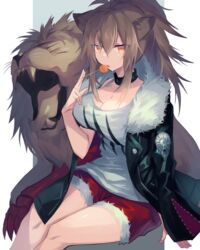  animal_ears arknights black_jacket breasts brown_hair candy cleavage commentary expressionless feet_out_of_frame female food hair_between_eyes highres holding holding_food jacket large_breasts leather leather_jacket licking lion lion_ears lollipop long_hair orange_eyes red_shorts sasa_onigiri short_shorts shorts siege_(arknights) sitting studded_choker tank_top white_tank_top 