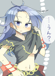  ahoge black_shirt breasts clothes_lift commentary_request crop_top dated female grey_background grey_eyes grey_hair himemushi_momoyo lifting_own_clothes long_hair looking_at_viewer matsu_kitsune medium_breasts midriff navel open_mouth shirt shirt_lift short_sleeves solo speech_bubble sweat touhou translated underboob upper_body 