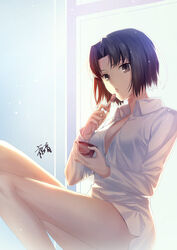  backlighting black_hair breasts cleavage collared_shirt dress_shirt female food gogatsu_fukuin grey_eyes highres ice_cream ice_cream_cup ice_cream_spoon kara_no_kyoukai leg_up looking_at_viewer medium_breasts open_mouth parted_bangs ryougi_shiki shirt short_hair sitting solo spoon thighs tongue tongue_out white_shirt window 