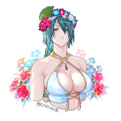  bikini braid braided_ponytail breasts criss-cross_halter female fire_emblem fire_emblem_heroes flower_wreath green_eyes green_hair halterneck large_breasts lips looking_at_viewer low_ponytail meziosaur official_alternate_costume parted_lips solo swimsuit tassel teeth thorr_(fire_emblem) thorr_(summer)_(fire_emblem) upper_body v-shaped_eyebrows watermark white_background white_bikini 