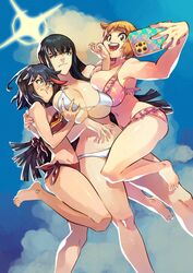  3girls bikini black_hair blue_eyes blue_sky breasts brown_eyes brown_hair cellphone cleavage grabbing grabbing_another&#039;s_breast highres kill_la_kill kiryuuin_satsuki large_breasts long_hair mankanshoku_mako matoi_ryuuko multicolored_hair multiple_girls phone pink_bikini pushing rafchu red_bikini red_hair selfie senketsu short_hair sky smartphone smile streaked_hair swimsuit white_bikini 