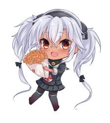  absurdres black_pantyhose bouquet breasts chibi commentary_request crossed_bangs dark-skinned_female dark_skin eyes_visible_through_hair female glasses grey_hair hair_between_eyes headgear highres holding holding_bouquet kantai_collection long_hair looking_at_viewer mashiro_yukiya miniskirt musashi_(kancolle) musashi_kai_ni_(kancolle) oerba_yun_fang open_mouth pantyhose pleated_skirt rectangular_eyewear red_eyes semi-rimless_eyewear skin_fang skirt smile solo tsurime twintails very_long_hair 