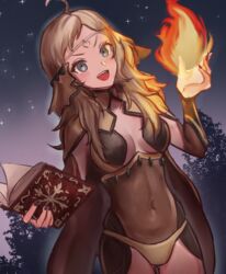  absurdres ahoge ass_visible_through_thighs axeloust blonde_hair bodystocking book breasts cape circlet commission commissioner_upload covered_navel female fire fire_emblem fire_emblem_fates green_eyes highres holding holding_book holding_weapon long_hair looking_at_viewer medium_breasts night night_sky open_mouth ophelia_(fire_emblem) panties sky solo star_(sky) starry_sky thighs underwear upper_body weapon 