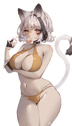  animal_ear_fluff animal_ears armpit_crease bad_id bad_twitter_id bare_arms bare_shoulders bikini black_choker black_gloves blowing_bubbles braid breast_hold breasts choker cleavage collarbone cowboy_shot facial_mark female fingerless_gloves gloves grey_hair halterneck hand_up highres large_breasts looking_at_viewer mole mole_on_breast multi-strapped_bikini multicolored_hair navel orange_bikini original shiro_albino short_hair simple_background solo standing stomach string_bikini swimsuit tail tail_raised thighs tiger_ears tiger_girl tiger_tail two-tone_hair white_background wide_hips yellow_eyes 