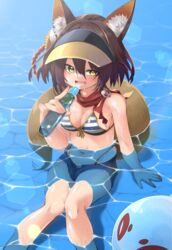  :d absurdres animal_ears ball beachball bikini bikini_top_only black_hair blue_archive bottle breasts cleavage commentary_request datemegane eyeshadow female fox_ears fox_girl fox_tail hair_between_eyes hair_ornament highres holding holding_bottle izuna_(blue_archive) izuna_(swimsuit)_(blue_archive) looking_at_viewer makeup medium_hair navel ocean official_alternate_costume partially_submerged pom_pom_(clothes) pom_pom_hair_ornament ramune red_scarf scarf short_shorts shorts sidelocks sitting sleeveless smile solo spaghetti_strap stomach striped_bikini striped_clothes swimsuit tail vertical-striped_bikini vertical-striped_clothes visor_cap wet wet_clothes wet_swimsuit yellow_eyes 