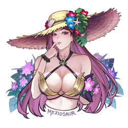  bikini breasts criss-cross_halter english_commentary female finger_to_mouth fire_emblem fire_emblem_heroes halterneck hat large_breasts lips loki_(fire_emblem) loki_(summer)_(fire_emblem) long_hair looking_at_viewer meziosaur official_alternate_costume purple_bikini purple_eyes purple_hair solo sun_hat swimsuit upper_body watermark white_background 