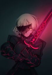  absurdres armor artoria_pendragon_(fate) bad_id bad_pixiv_id blonde_hair cowboy_shot excalibur_morgan_(fate) fate/stay_night fate_(series) female glowing glowing_armor glowing_sword glowing_weapon highres looking_at_viewer mask_over_one_eye rlf_00 saber_alter shaded_face solo weapon yellow_eyes 